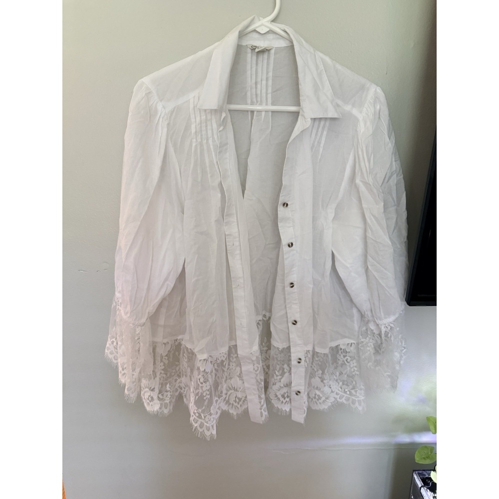 Cotton Blouse Poet Cottagecore Pintuck Pleated Shoulders Lace Trim Romantic XL